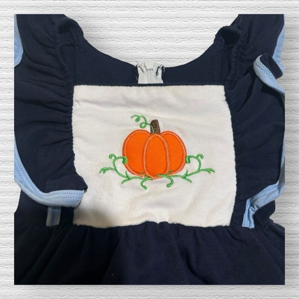 Pumpkin Ruffle Bubble Blue 3t Ruffle Embroidered - Picture 2 of 4